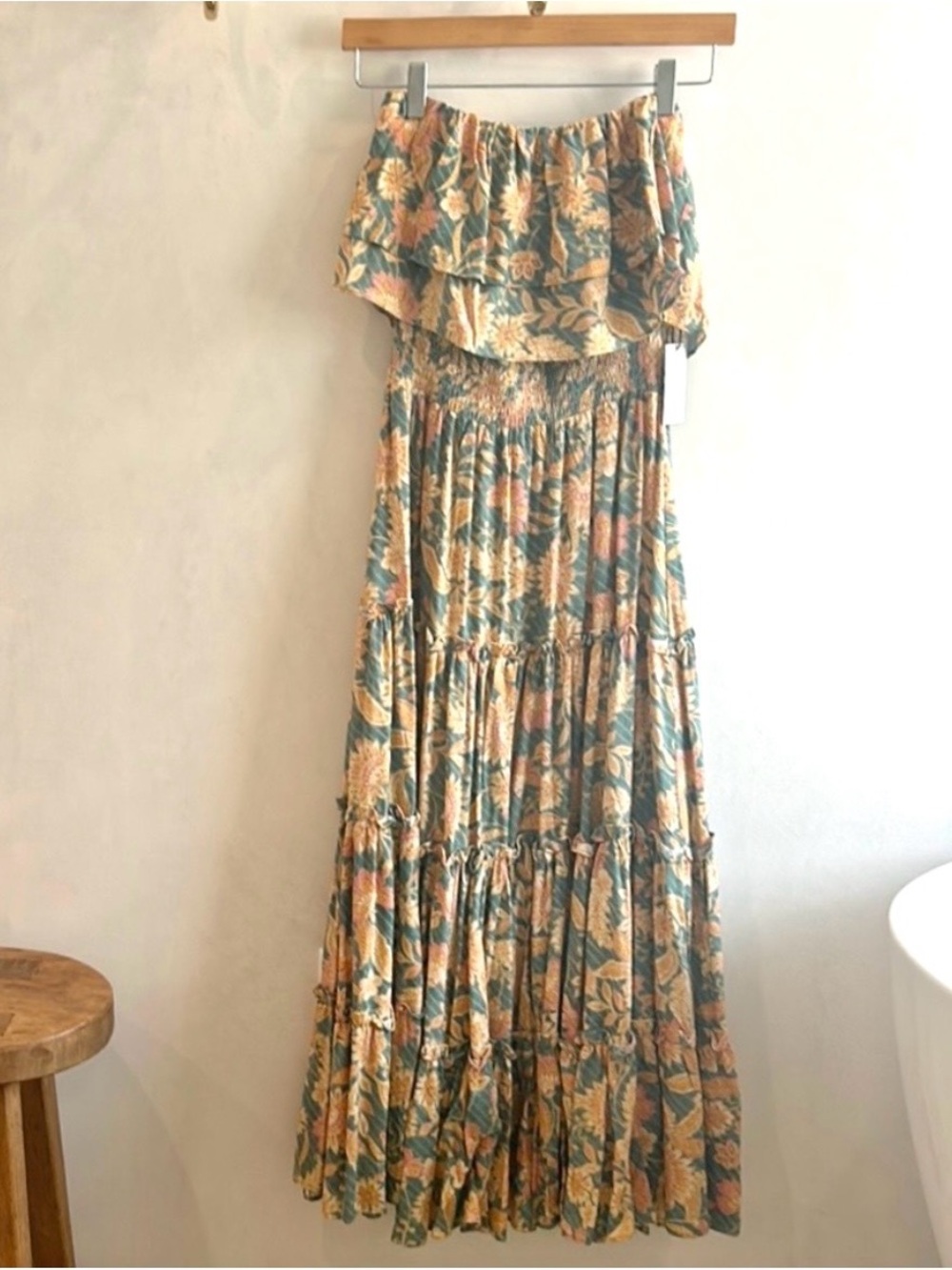 1. State  Floral-Print Strapless Ruffle-Tiered Midi Dress